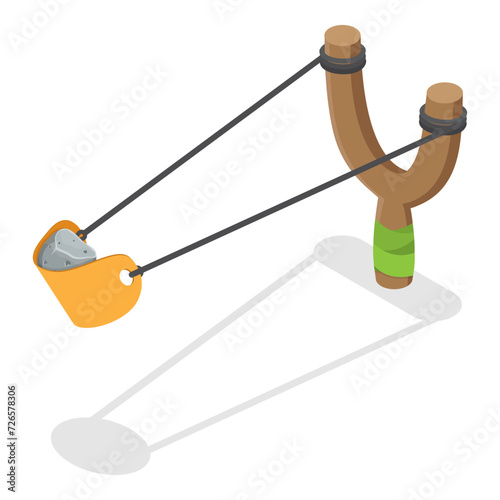 3D Isometric Flat Vector Set of Slingshot Animation Shots, Wooden Handle and Rubber Band. Item 3