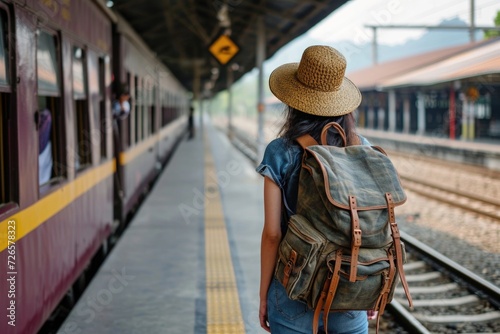 Asian traveler with backpack at train station