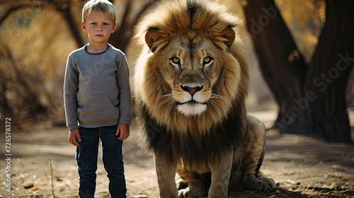 Young boy standing in front of a male lion photo