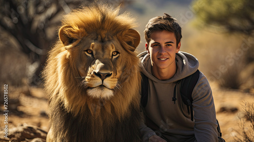 Tela Young boy standing in front of a male lion
