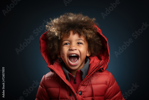 A boy in a red jacket screams at the camera on a gray background. Concept of psychological states