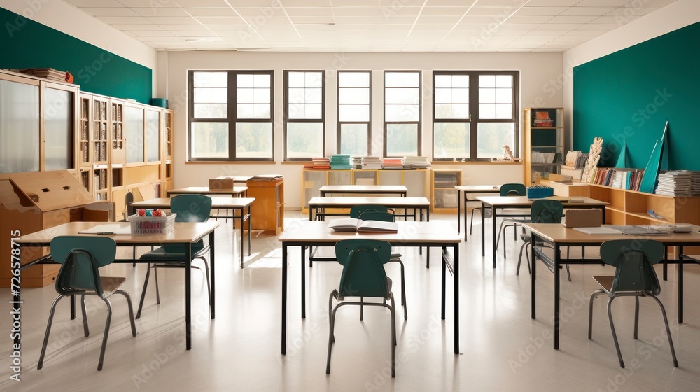 The Inviting Interior of a Classroom, Equipped with Student Desks The Inviting Interior of a Classroom, Equipped with Student Desks