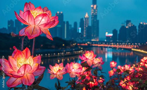 Lit up flowers at night view with cityscape background chinese new year festivities street photo
