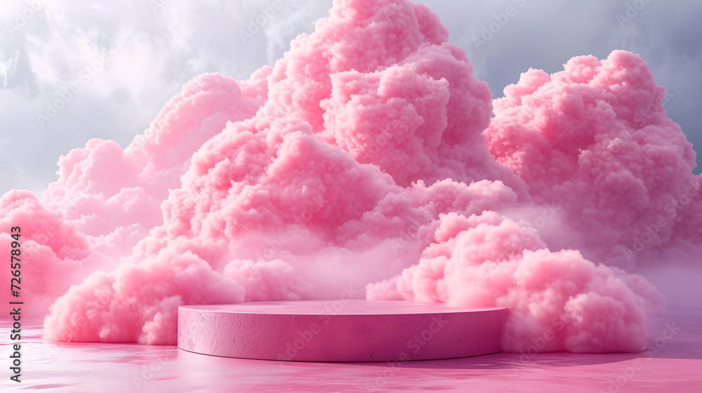 A pink cloud podium set against a blue sky with pink and purple clouds.