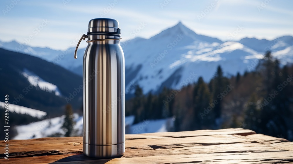 Winter mountain adventure  gray metal vacuum flask thermo cup for drinks, empty space for text - obrazy, fototapety, plakaty 