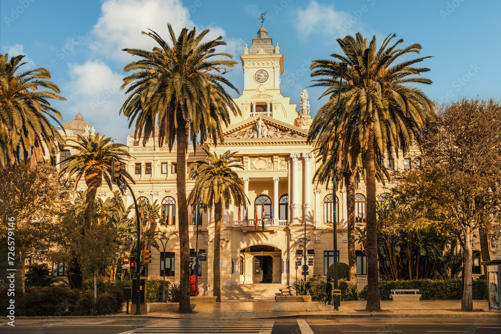 Malaga City Hall (Casa Consistorial de Malaga), also known as La Casona del Parque (Mansion of the Park), Malaga, Spain. Inaugurated in 1919, it is a Baroque Revival building.