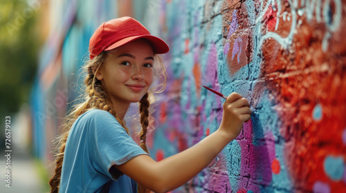 A young woman is painting graffiti on the wall. Colorful graffiti on the wall.