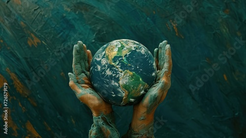 Elevated view of painted hands uplifting a globe with a detailed Earth design against a textured teal backdrop, evoking environmental mindfulness.