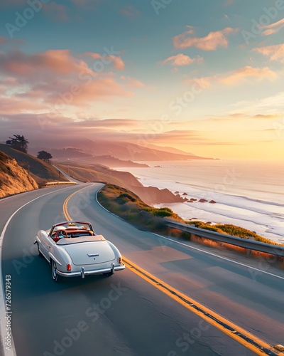  road trip with an image of a car driving along in highway at sunset © Sagar