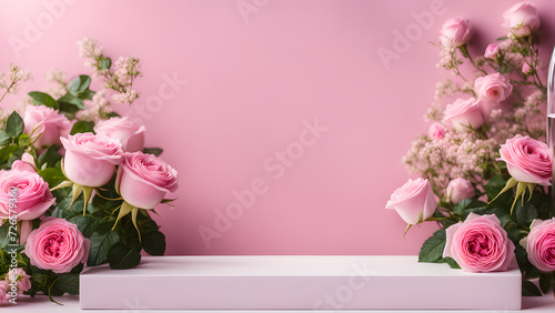 Rose pink background, suitable for Mother's Day, International Women's Day, and other similar celebrations. Space for text. Podium for product. photo