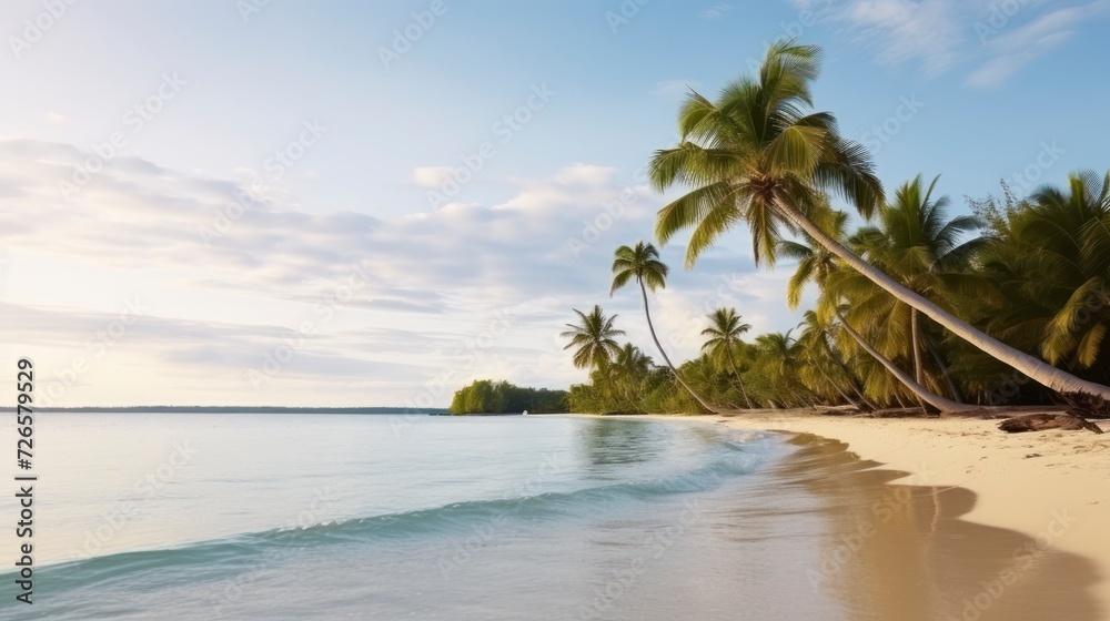Tropical Tranquility - A Serene Beach Framed by Majestic Palm Trees, Perfect for Summer Leisure