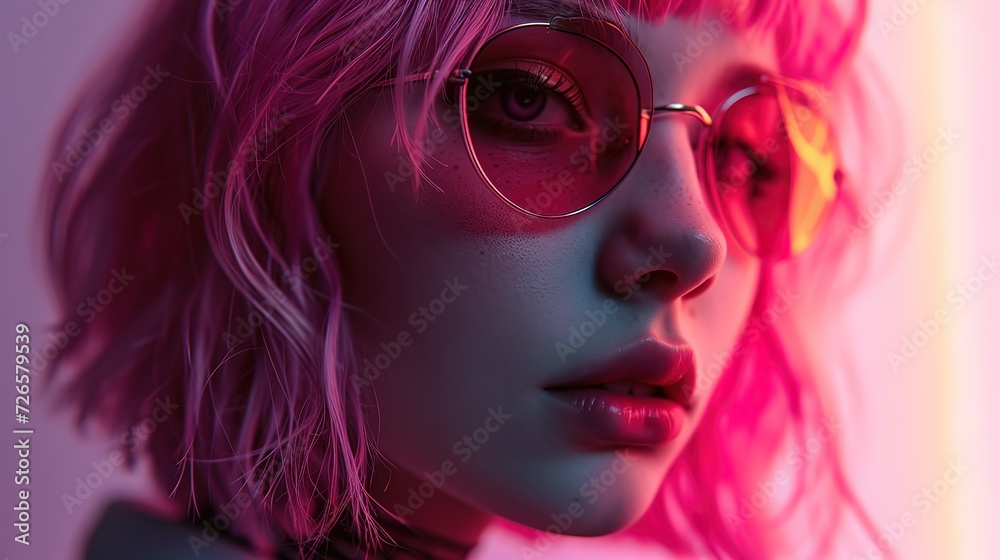 A close-up portrait of a young woman with light pink hair and round glasses, illuminated by a neon pink glow that casts a futuristic ambiance.