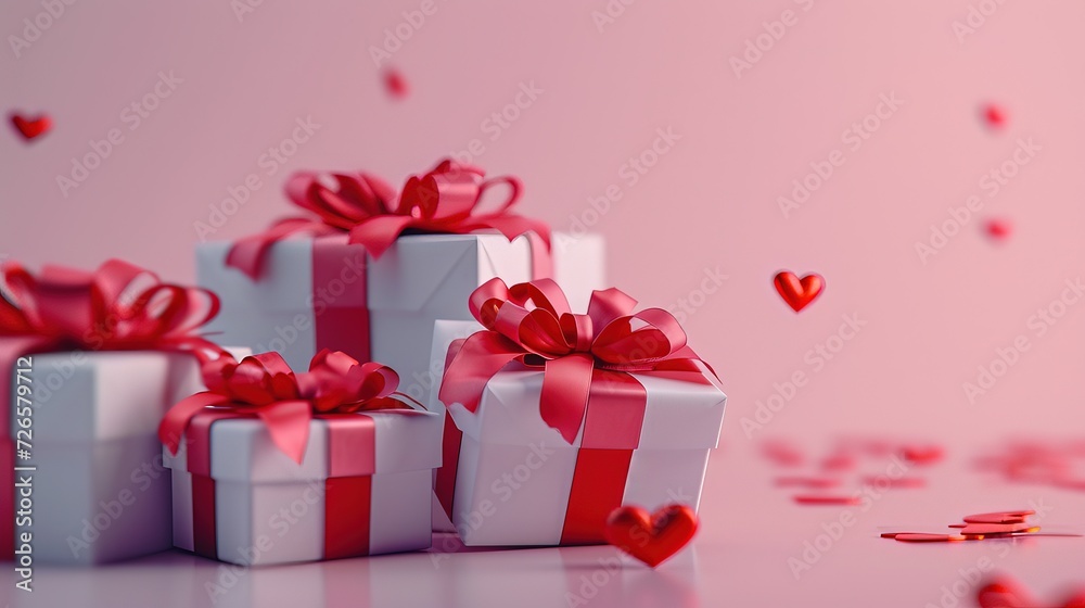 A collection of white gift boxes tied with shiny red ribbons, accompanied by delicate heart confetti on a romantic pink background for Valentine's Day.