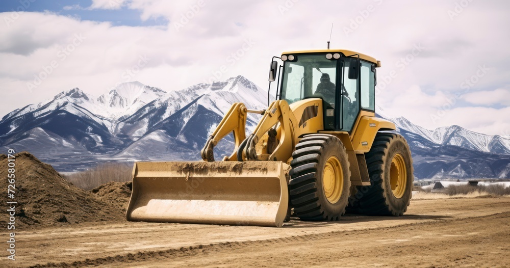 Front View of a Yellow Bulldozer, Dominating the Road with Snowy Mountains and Overcast Sky as a Backdrop Front View of a Yellow Bulldozer, Dominating the Road with Snowy Mountains and Overcast Sky as a Backdrop