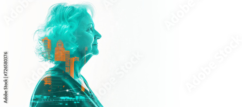 Double exposure, profile of elderly caucasian woman city, data, symbol of demographic transformation, aging population. Baby boomers working longer, arising challenges for evolving working force.