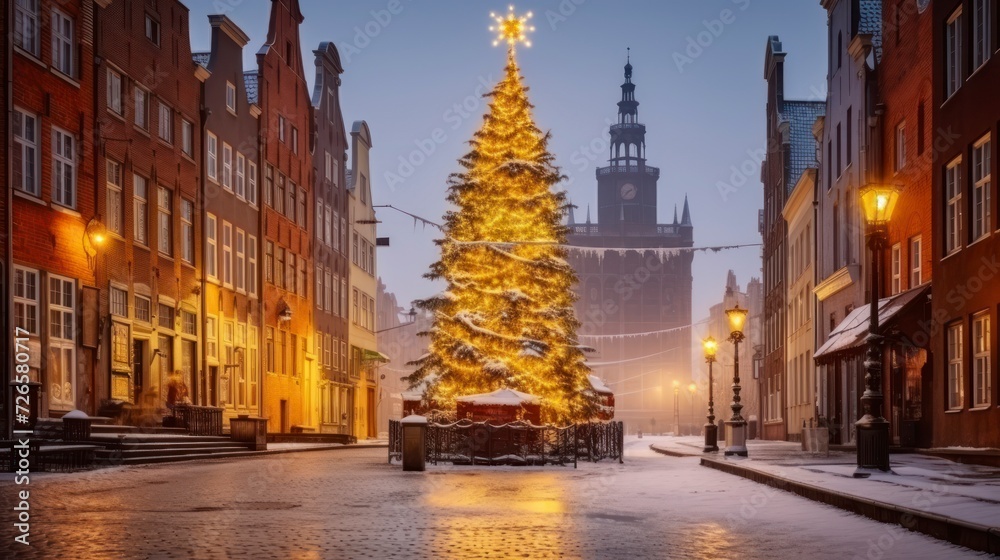 Winter Wonderland - The Majestic Beauty of a Christmas Tree in the Heart of the Old Town - obrazy, fototapety, plakaty 