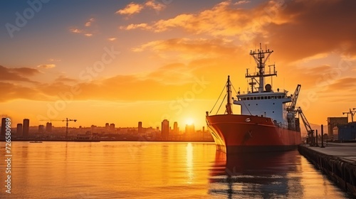 Sun is going down against beautiful sky at the dock with mooring vessel. Cargo ship in the harbor at commercial port at sunset time