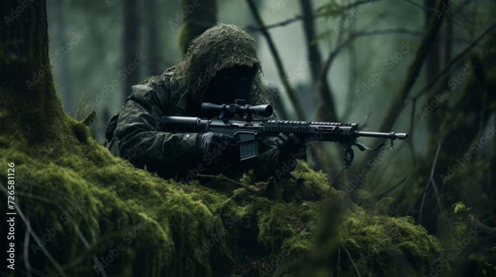 Sniper in the forest. Neural network AI generated art