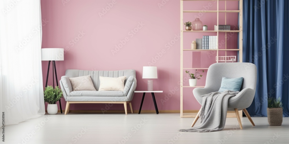 Elegant Contrast - A Grey Armchair Against a Pink Wall in a Spacious and Stylish Bedroom Interior