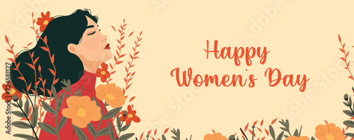 Vector spring holiday banner March 8, girl in flowers with text International Women's Day. Feminism concept, women empowerment, gender equality