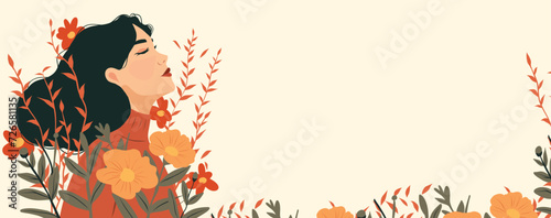 Vector illustration of March 8, girl in flowers, place for text on International Women's Day. Feminism concept, women empowerment, gender equality