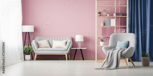 Elegant Contrast - A Grey Armchair Against a Pink Wall in a Spacious and Stylish Bedroom Interior