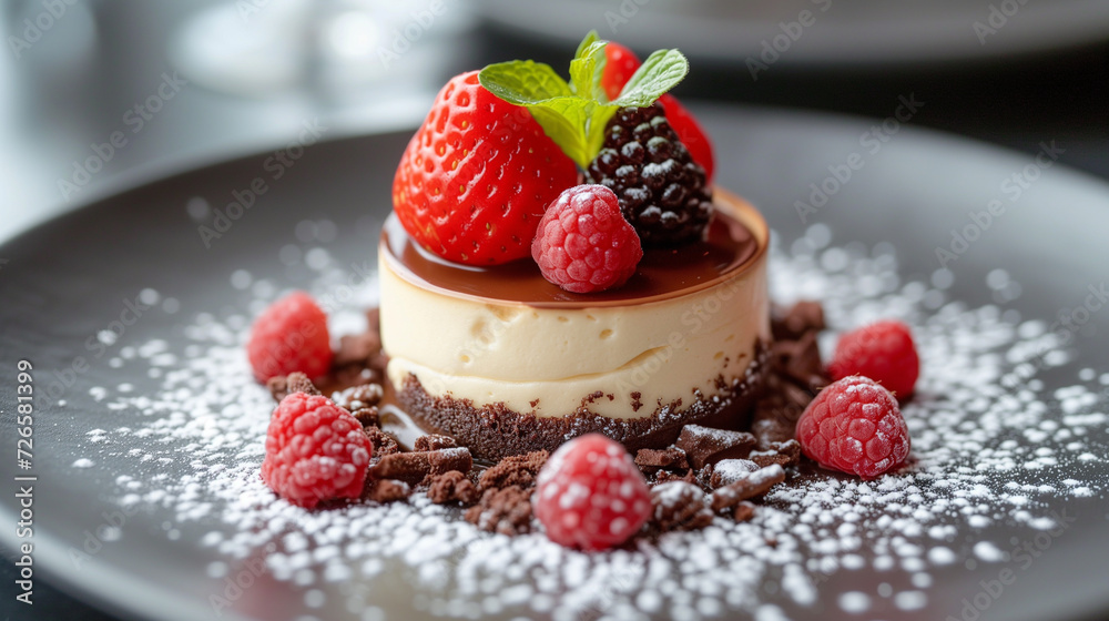 Small personal size custard pie with berry topping and chocolate base. Small personal size custard pie with berry topping and chocolate base.