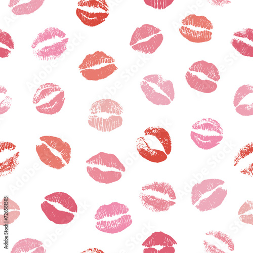 Seamless pattern of pink and red kiss marks. Lip prints for Valentine's Day, romantic and love backgrounds, beauty and makeup themes. Lipstick imprints, vector illustration