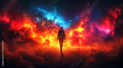 person walks towards a cosmic scene with vibrant clouds and stars, suggesting a journey into the universe