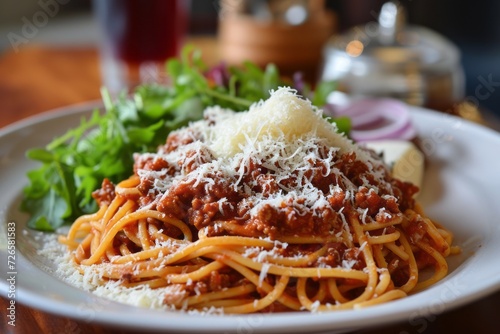 Savor our Bolognese spaghetti with Parmesan and a side of fresh green salad generative ai