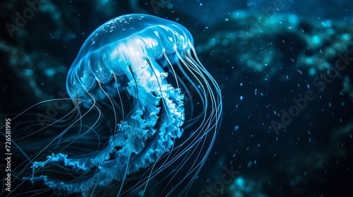 Illuminated Jellyfish Swimming Gracefully Under Deep Blue Ocean Waters with Long Tentacles Flowing