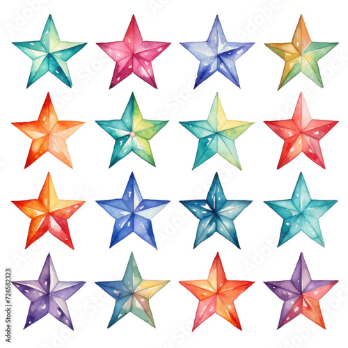 Set of watercolor colorful star  isolated on transparent background