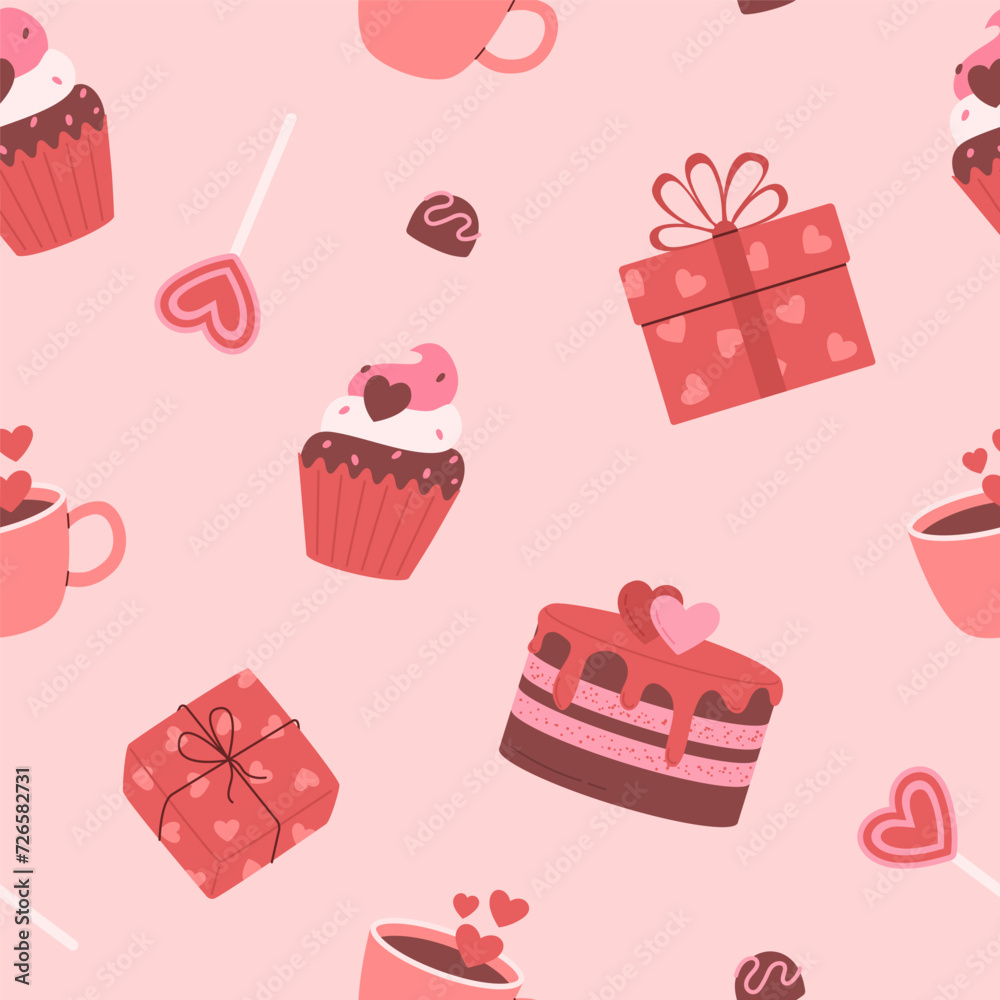 Seamless pattern with gifts, sweets, cupcake and coffee. Valentine's day, happy birthday print. Perfect for wrapping paper, bakery decoration, shop decor Seamless pattern with gifts, sweets, cupcake and coffee. Valentine's day, happy birthday print. Perfect for wrapping paper, bakery decoration, shop decor