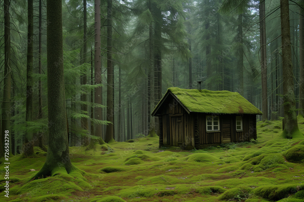 Lonely cabin in a coniferous forest. The cabin is surrounded by moss Lonely cabin in a coniferous forest. The cabin is surrounded by moss