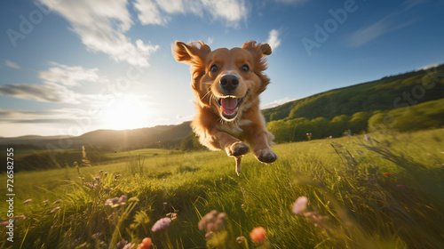 A puppy happily running in the grass