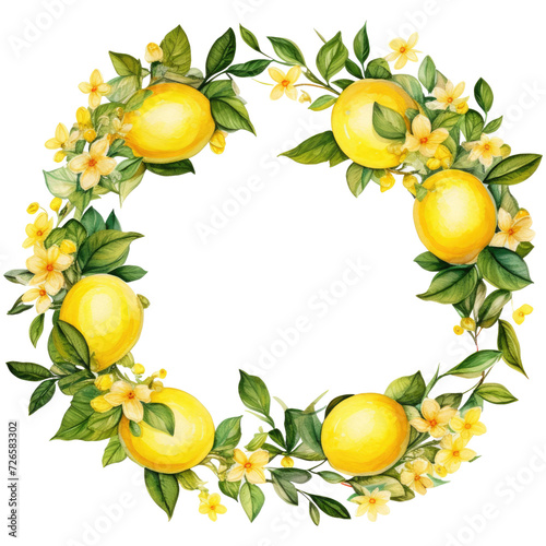 Watercolor lemon wreaths and borders, isolated on transparent background