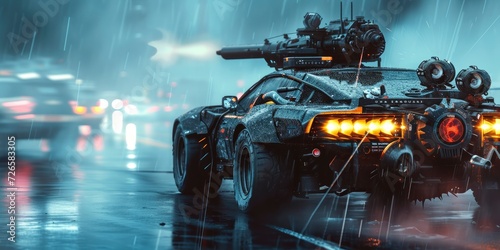 A Car of Tomorrow, Equipped with a Mounted Minigun on the Hood, Set Against a Blurred Battle Background, Portraying a Scene of High-Tech Conflict. photo