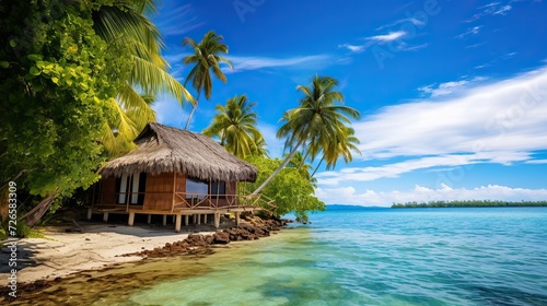 Beautiful view of island Beach, palm trees, clear sky. View of paradise beach. Exotic tourism, relaxing in the sea