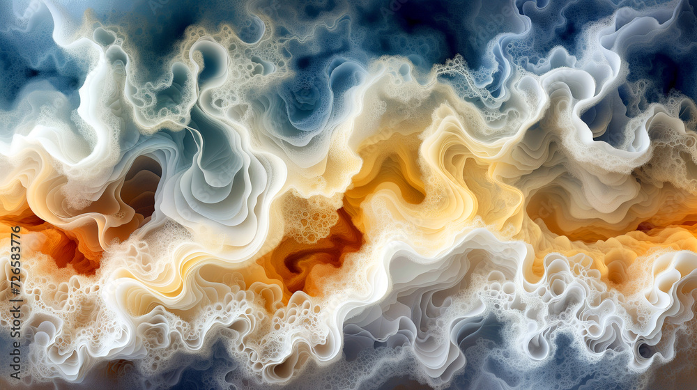 Abstract shapes and swirls in shades of white, blue, and brown, resembling a mix of clouds and coffee cream Abstract shapes and swirls in shades of white, blue, and brown, resembling a mix of clouds and coffee cream