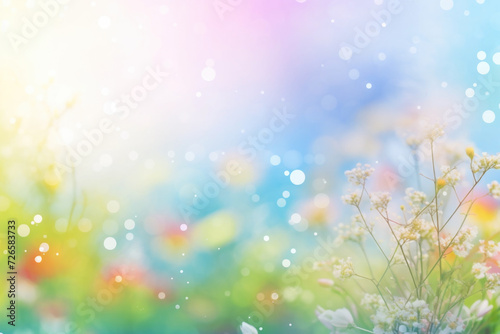 Beautiful multicolored spring meadow background with wild flowers and bokeh lights