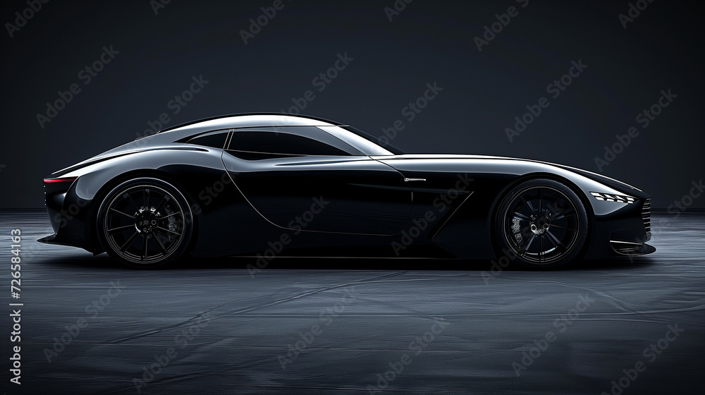 Black sports car on dark grey background in a studio.