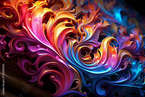  Vibrant Swirls of Fantasy. An intricate dance of fiery colors and fluid shapes, this abstract artwork captivates with its vibrant, fantastical patterns.
