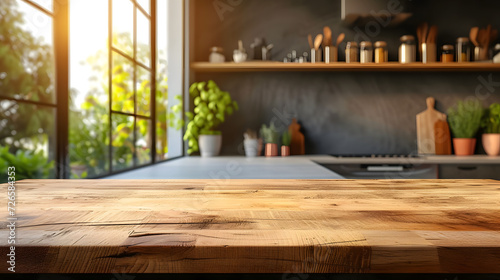 A wooden table in front of a blurred background of a kitchen with shelves and a window.