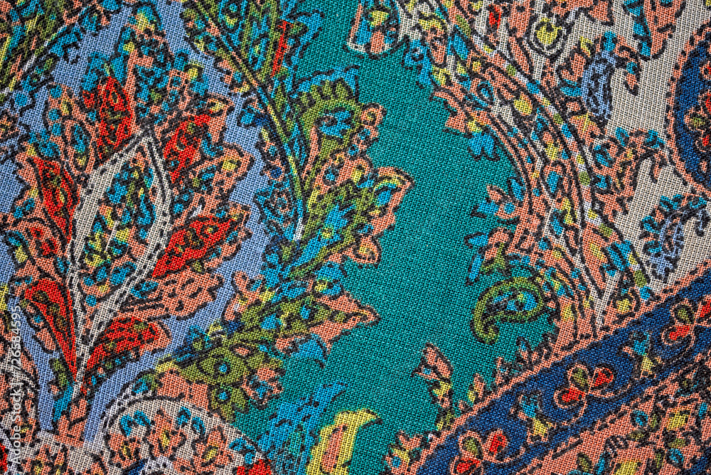Close up fabric texture detail with colorful and ornaments