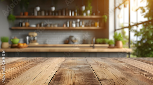 A wooden table in front of a blurred background of a kitchen with shelves and a window.