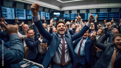 group of men on a stock exchange floor enthusiastically celebrating a successful trade or investment. photo