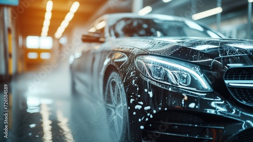luxurious black car being washed: soapy solutions and water run down its smooth surface. car is in a professional car wash © ProstoSvet