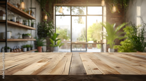 A wooden table in front of a blurred background of a kitchen with shelves and a window.