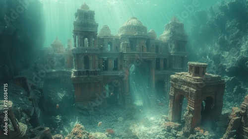 Ancient lost sunken Atlantis city. Old beautiful architecture on ocean floor. Sea bottom. Underwater secrets. Forgotten civilization concept. Natural seascape. World history. Buildings under water. © Ellionn
