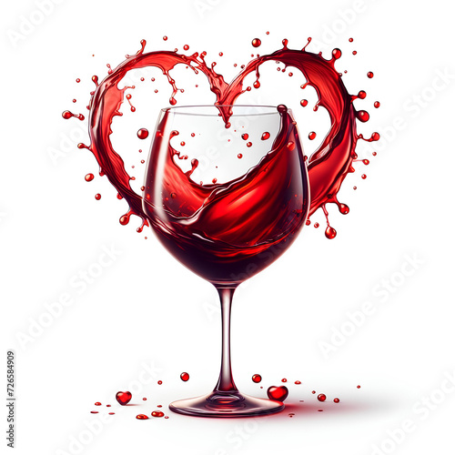 red wine in wineglass with red wine splash heart shape isolated on white background